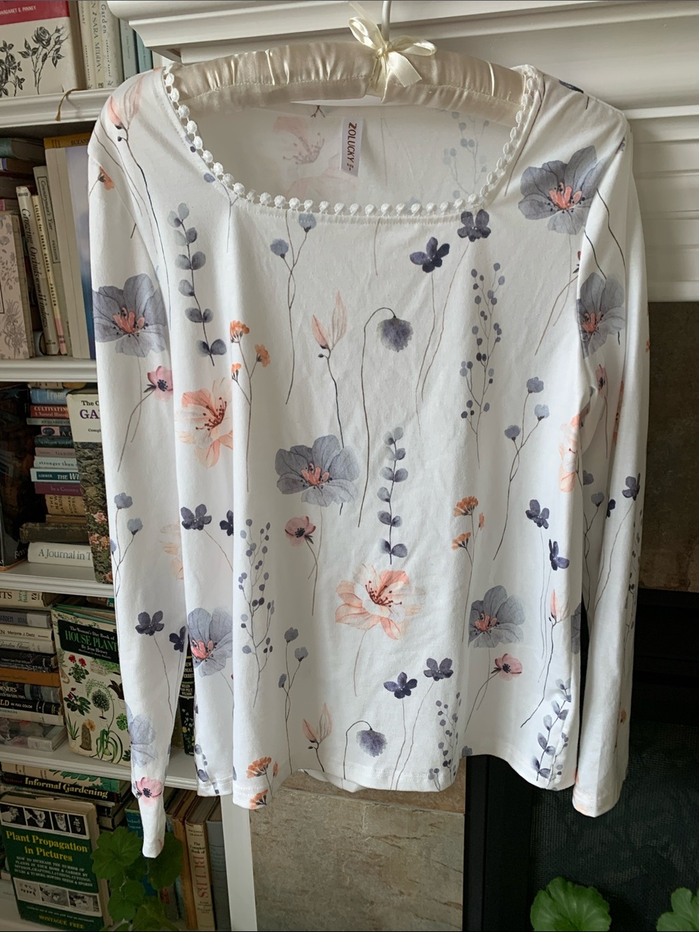 Zolucky White Floral Long Sleeve Tee with Pink and Blue Flowers